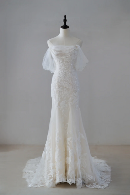 Modest Mermaid Off The Shoulder Short Sleeves Fitted Lace Corset Wedding Dress Long Bridal Gown Wedding Gowns RB1128