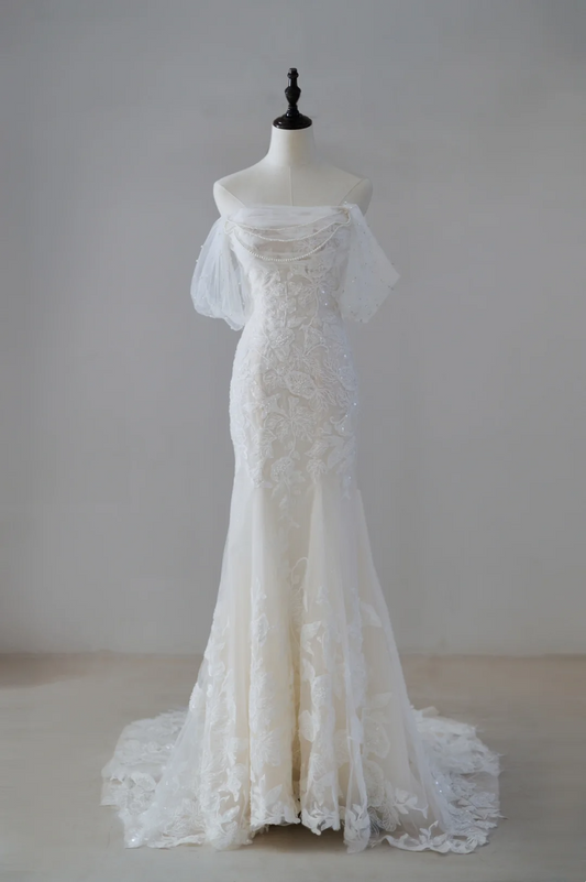 Modest Mermaid Off The Shoulder Short Sleeves Fitted Lace Corset Wedding Dress Long Bridal Gown Wedding Gowns RB1128