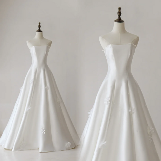 Elegant Modest Ball Gown Strapless Satin Solid White Wedding Dress Long Bridal Gown Wedding Gowns RB1130