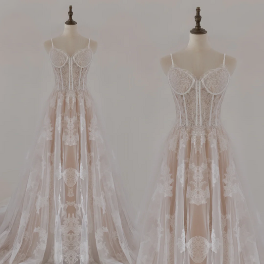 Modest A Line Spaghetti Straps Lace Fitted Corset Wedding Dress Long Bridal Gown Wedding Gowns RB1134