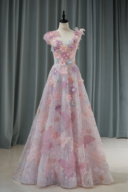 Robe de bal longue en dentelle rose à fleurs et décolleté en cœur, tenue de soirée pour 21e anniversaire, robe de remise de diplôme RB1135