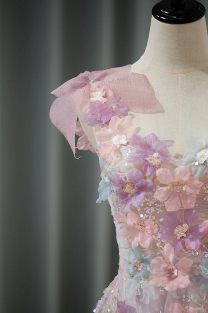 Robe de bal longue en dentelle rose à fleurs et décolleté en cœur, tenue de soirée pour 21e anniversaire, robe de remise de diplôme RB1135