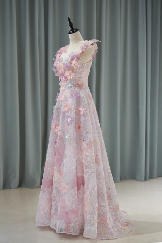 Sweet Ball Gown Sweetheart Pink Lace Flowers Long Prom Dresses Inspiration Party Dress 21st Birthday Outfit Graduation Dress RB1135