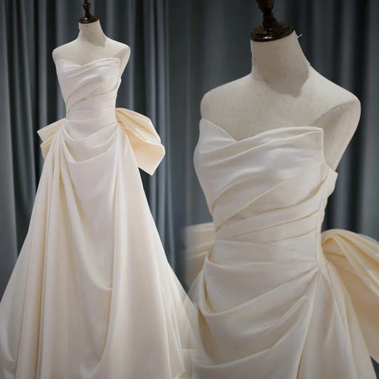 Modest Mermaid Sweetheart Satin Pleated Off White Wedding Dress With Bow Long Bridal Gown Wedding Gowns RB1211