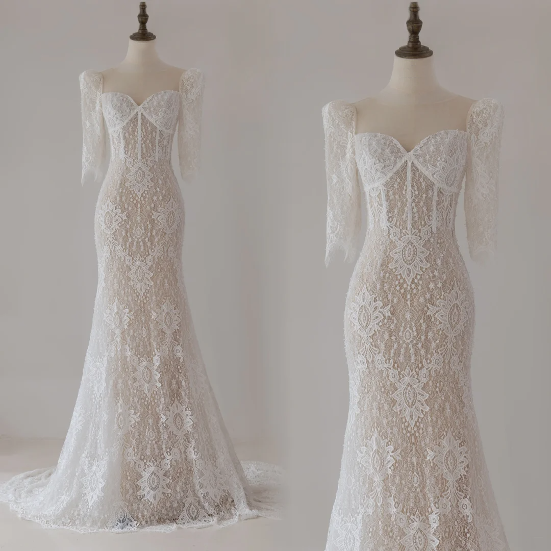 Modest Mermaid Sweetheart 3/4 Sleeves Fitted Lace Corset Wedding Dress Long Bridal Gown Wedding Gowns RB1131
