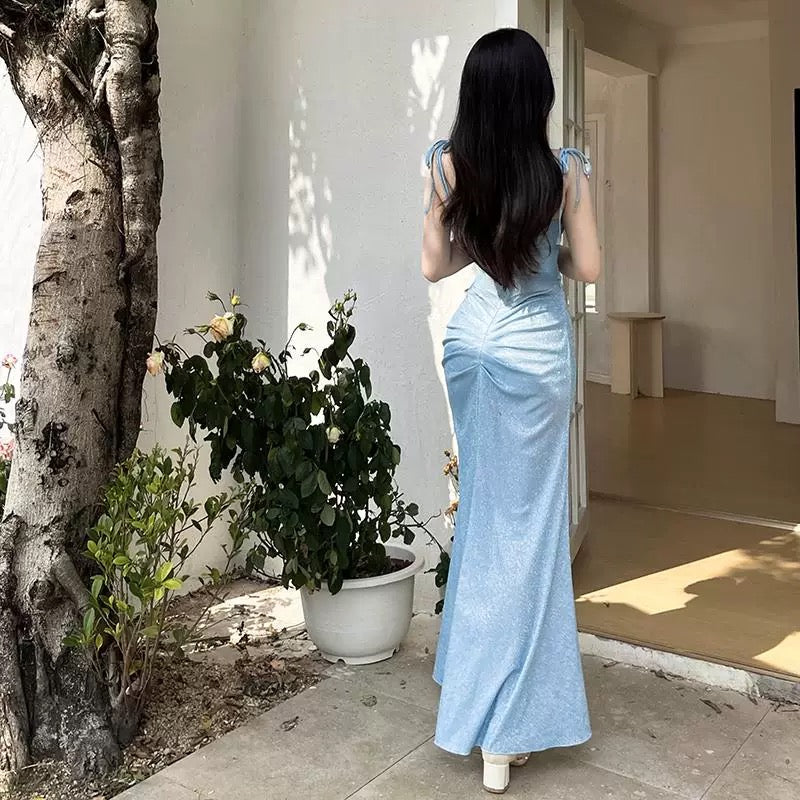 Robe de bal sirène à bretelles spaghetti bleu clair et paillettes, tenue longue pour anniversaire, soirée dansante, lycée, RB1138