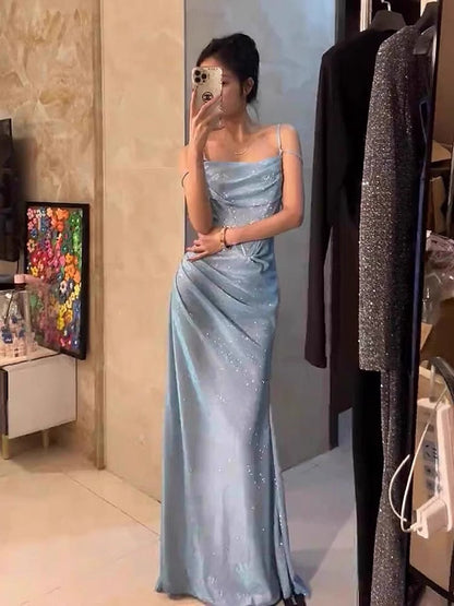 Robe de bal sirène à bretelles spaghetti bleu clair et paillettes, tenue longue pour anniversaire, soirée dansante, lycée, RB1138
