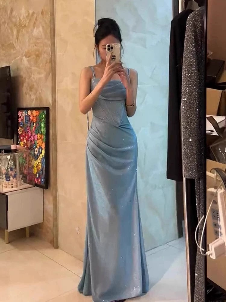 Robe de bal sirène à bretelles spaghetti bleu clair et paillettes, tenue longue pour anniversaire, soirée dansante, lycée, RB1138