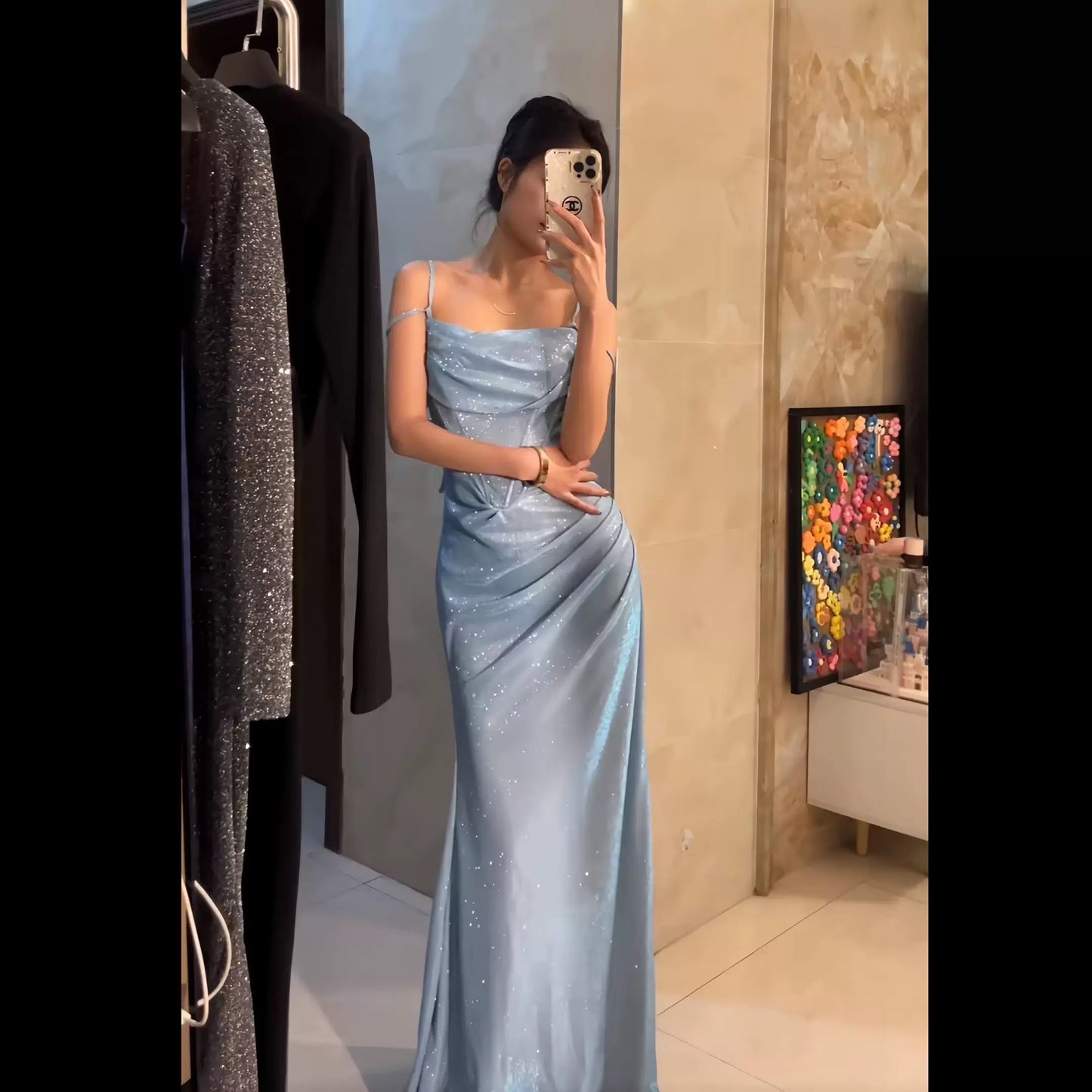 Robe de bal sirène à bretelles spaghetti bleu clair et paillettes, tenue longue pour anniversaire, soirée dansante, lycée, RB1138