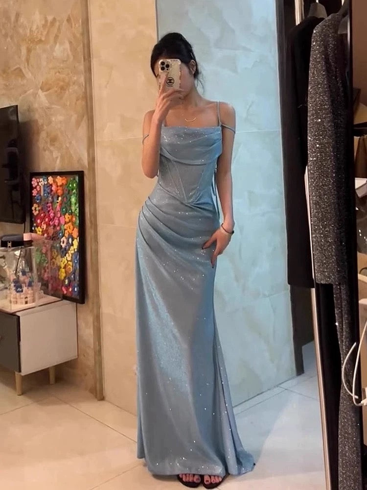 Robe de bal sirène à bretelles spaghetti bleu clair et paillettes, tenue longue pour anniversaire, soirée dansante, lycée, RB1138