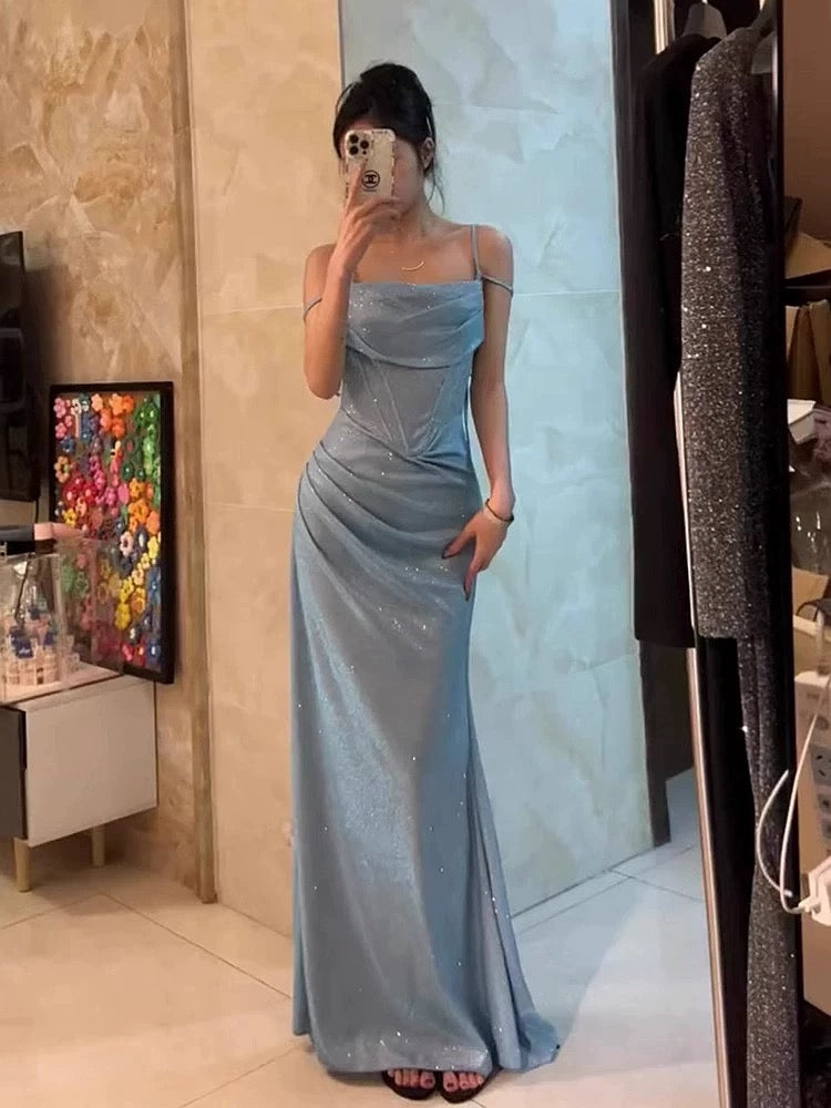 Robe de bal sirène à bretelles spaghetti bleu clair et paillettes, tenue longue pour anniversaire, soirée dansante, lycée, RB1138