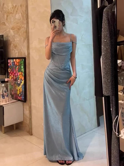 Robe de bal sirène à bretelles spaghetti bleu clair et paillettes, tenue longue pour anniversaire, soirée dansante, lycée, RB1138