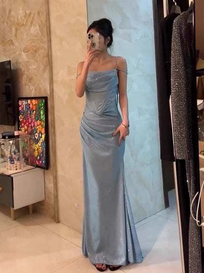 Robe de bal sirène à bretelles spaghetti bleu clair et paillettes, tenue longue pour anniversaire, soirée dansante, lycée, RB1138