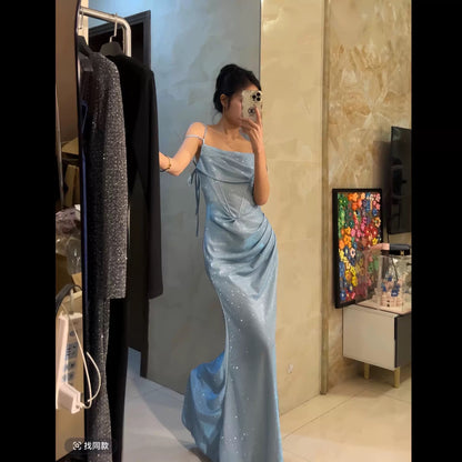 Robe de bal sirène à bretelles spaghetti bleu clair et paillettes, tenue longue pour anniversaire, soirée dansante, lycée, RB1138