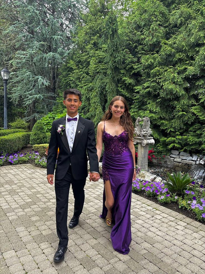 Modest Mermaid Spaghetti Straps Grape Satin Lace Prom Dresses Inspiration Slit Prom Dress Graduation Dress RB1140