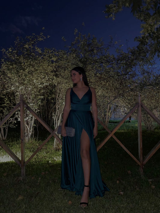 Robe de bal longue et élégante, coupe trapèze, bretelles spaghetti, en satin, robe de soirée fendue, idéale pour une soirée dansante ou une soirée senior, RB1142