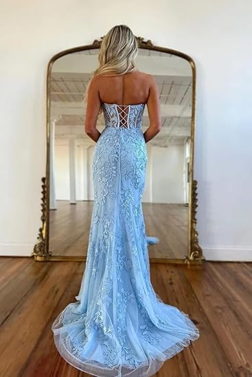 Robe de bal sirène en dentelle et tulle bleu ciel clair, décolleté en cœur, fente latérale, tenue d'anniversaire, robe de soirée dansante pour lycée, RB1143