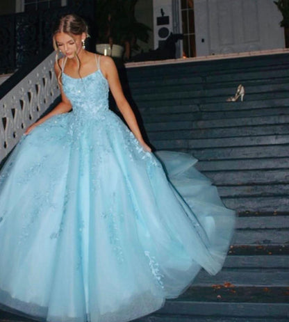 Robe de bal modeste à bretelles spaghetti en tulle bleu et dentelle, robe de bal longue, tenue de fête, d'anniversaire, de remise de diplôme, pour adolescentes, RB1146