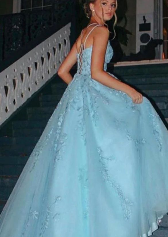 Robe de bal modeste à bretelles spaghetti en tulle bleu et dentelle, robe de bal longue, tenue de fête, d'anniversaire, de remise de diplôme, pour adolescentes, RB1146