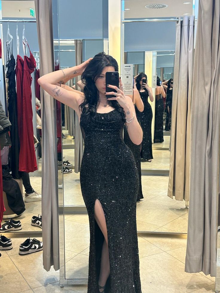 Modest Mermaid Spaghetti Straps Black Sequin Prom Dresses Inspiration Slit Prom Dress Graduation Dress RB1151