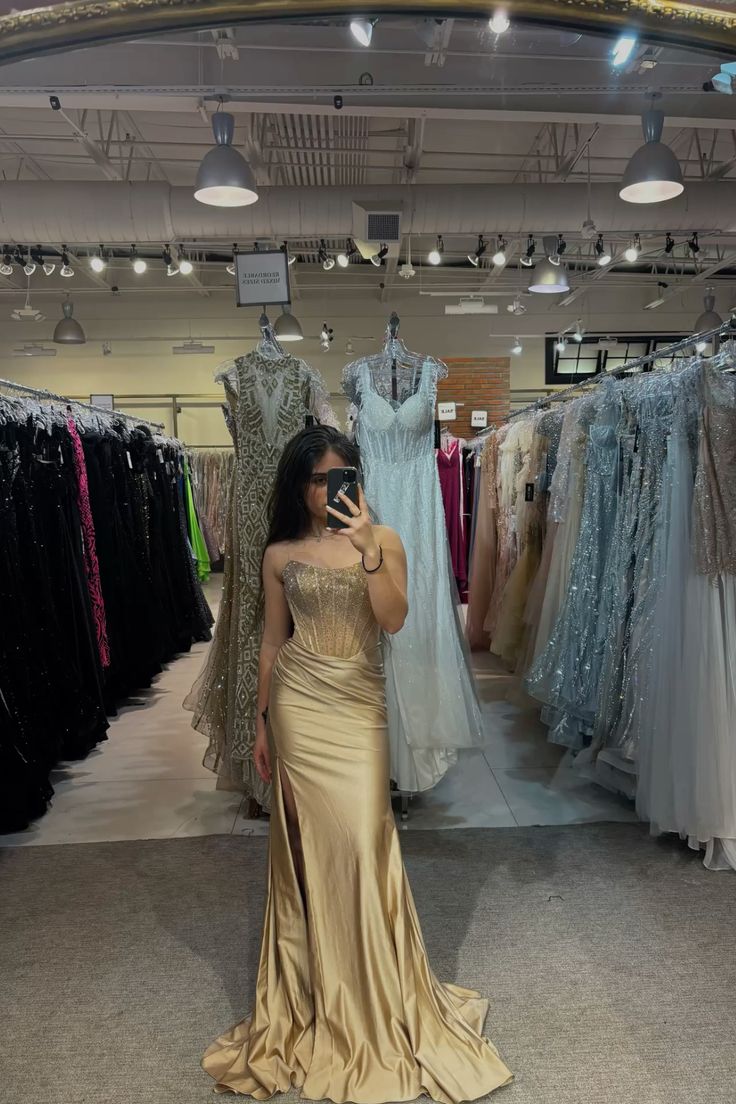 Robe de bal sirène bustier en satin doré, tenue de soirée longue et tendance, style lycée, RB1155