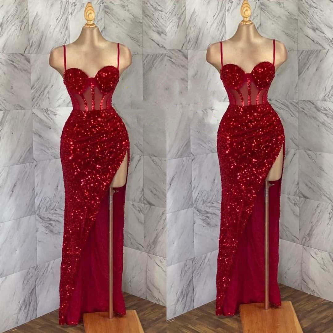 Schlichtes Etuikleid mit Spaghettiträgern, Pailletten, rotem Schlitz, Ballkleid, langes Partykleid, Geburtstagsoutfit, Abschlusskleid für Teenager, RB1157
