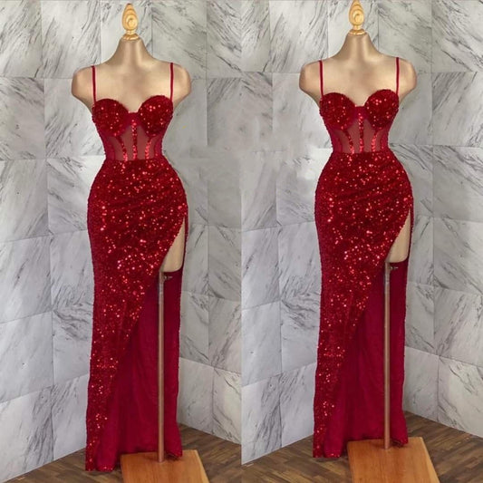 Robe fourreau modeste à bretelles spaghetti et paillettes, rouge, fendue, robe de bal longue, tenue de fête, d'anniversaire, de remise de diplôme, pour adolescentes, RB1157