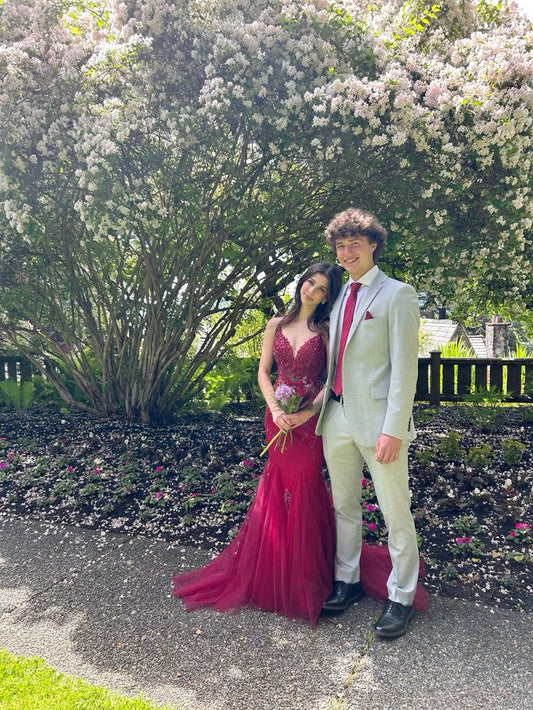 Modest Sheath Spaghetti Straps Burgundy Tulle Lace Prom Dresses Long Party Dress Birthday Outfit Teenagers Graduation Dress RB1159