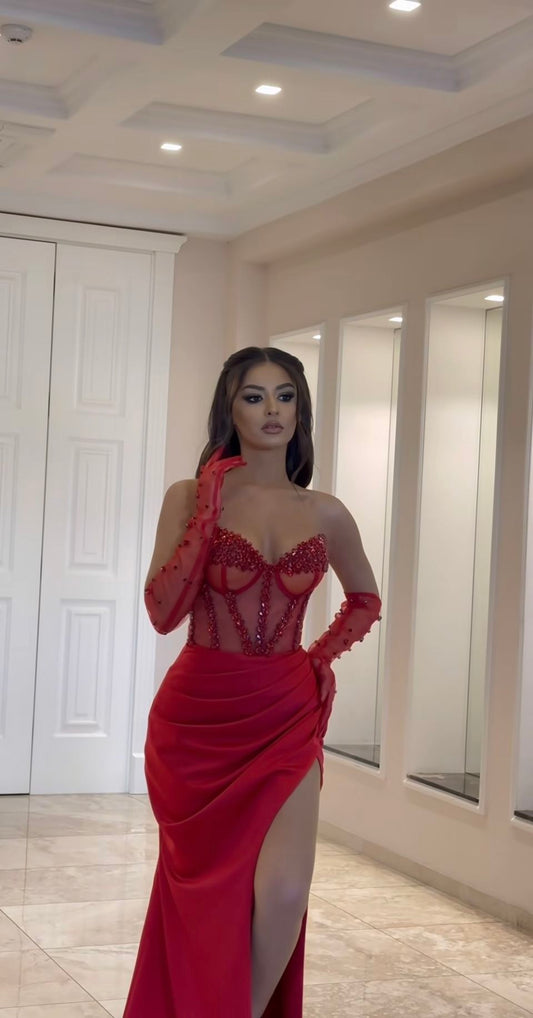 Robe de bal sirène modeste à décolleté en cœur et fente rouge, robe de bal d'inspiration, robe de remise de diplôme RB1162