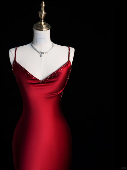 Modest Trendy Mermaid Spaghetti Straps Burgundy Satin Backless Prom Dresses Style Long Senior High School Dance Party Dress RB1163
