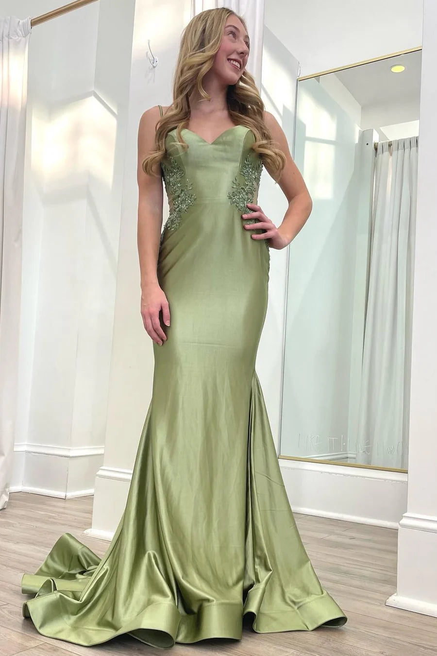 Robe de bal sirène à bretelles spaghetti vert olive, style modeste et tendance, en satin, longue, style lycée, RB1164