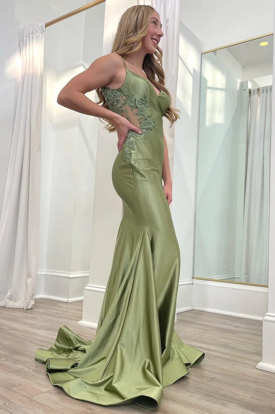Robe de bal sirène à bretelles spaghetti vert olive, style modeste et tendance, en satin, longue, style lycée, RB1164