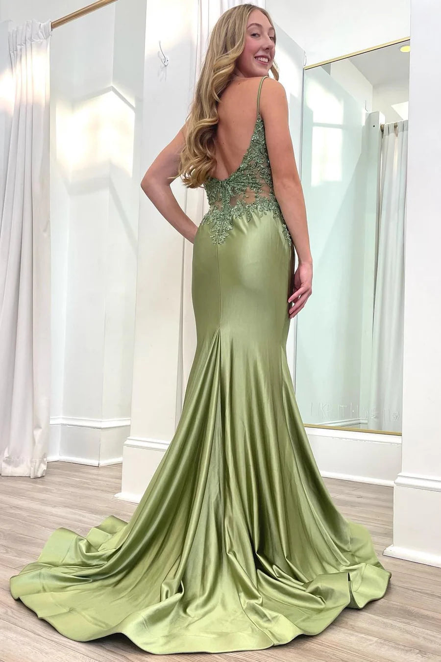 Robe de bal sirène à bretelles spaghetti vert olive, style modeste et tendance, en satin, longue, style lycée, RB1164