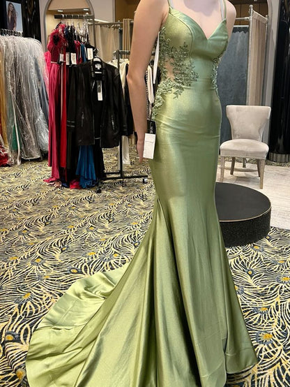 Robe de bal sirène à bretelles spaghetti vert olive, style modeste et tendance, en satin, longue, style lycée, RB1164
