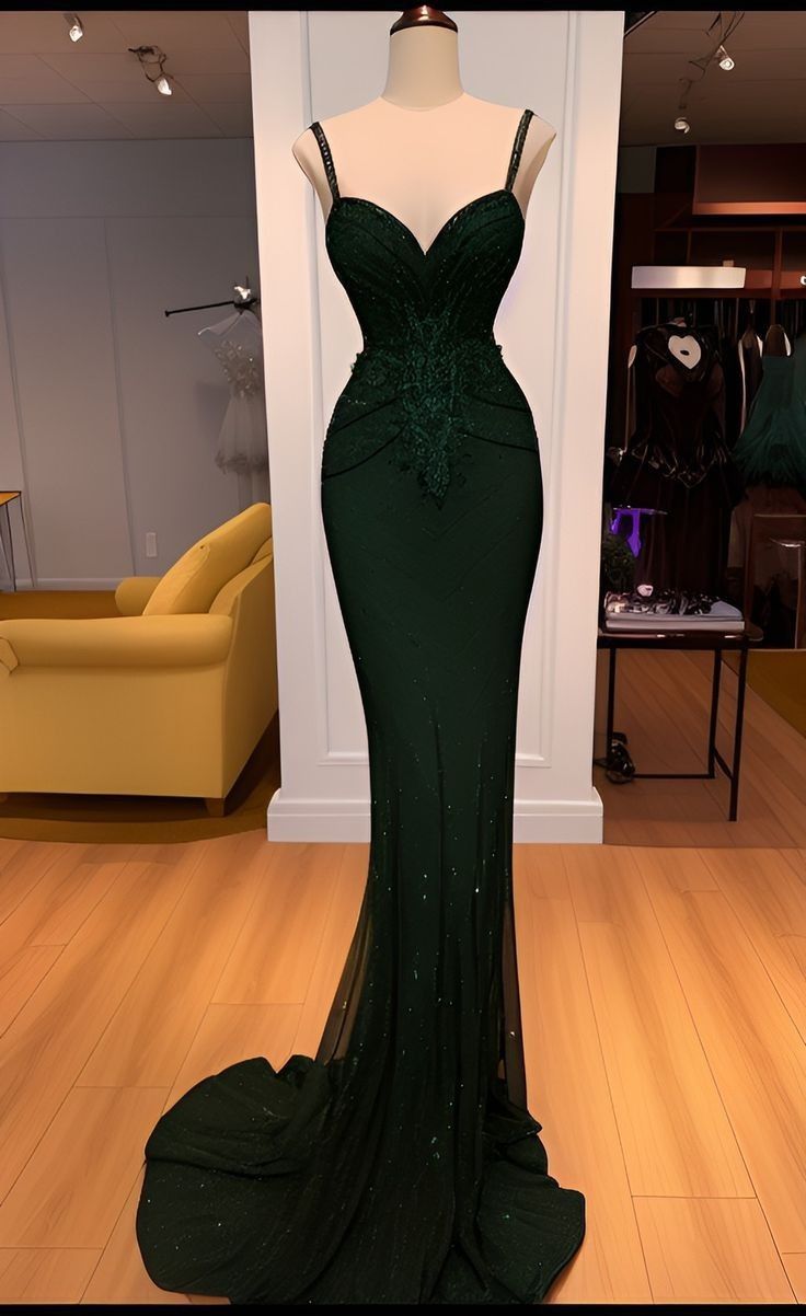Robe de bal sirène modeste à bretelles spaghetti et paillettes vert foncé, robe de bal d'inspiration, robe de remise de diplôme RB1167