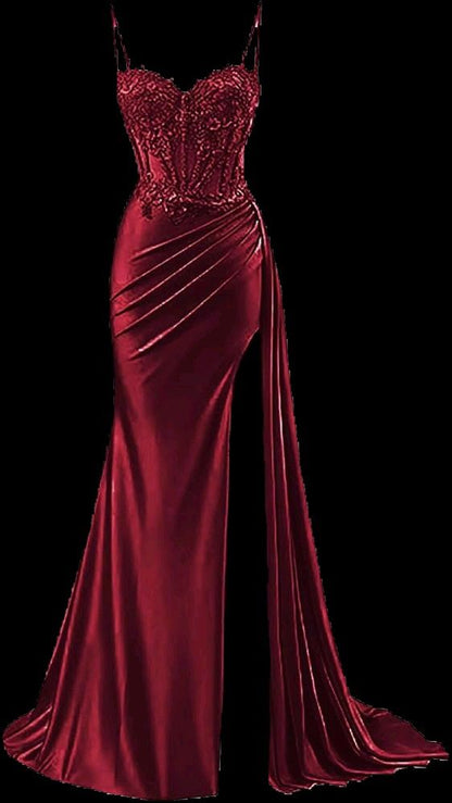 Robe de bal sirène modeste à bretelles spaghetti bordeaux fendue en dentelle, robe longue de soirée, tenue d'anniversaire, robe de remise de diplôme pour adolescentes RB1168