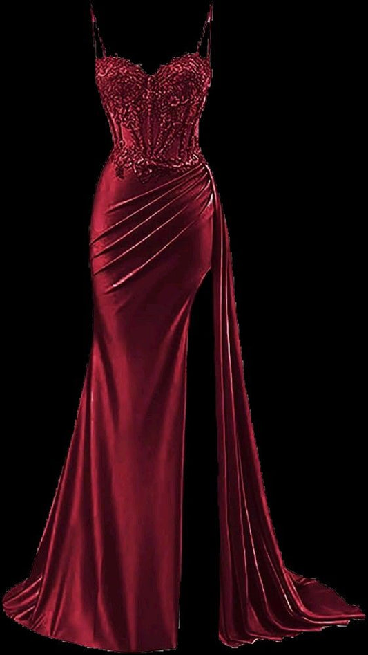 Robe de bal sirène modeste à bretelles spaghetti bordeaux fendue en dentelle, robe longue de soirée, tenue d'anniversaire, robe de remise de diplôme pour adolescentes RB1168