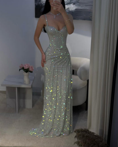 Robe de bal sirène modeste à bretelles spaghetti et paillettes argentées, robe de bal d'inspiration, robe de remise de diplôme RB1169