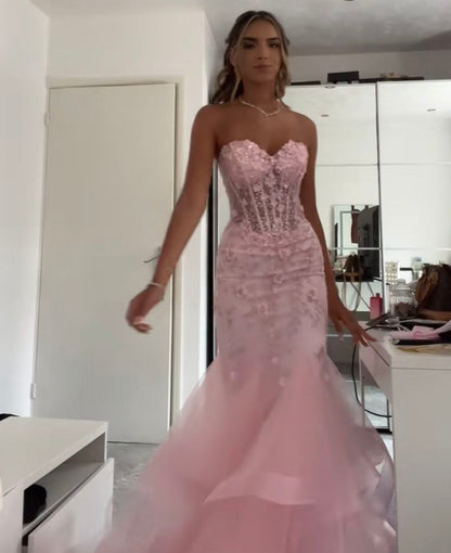 Modest Trendy Mermaid Sweetheart Pink Lace Tulle Prom Dresses Long Birthday Outfit Senior High School Dance Party Dress RB1170