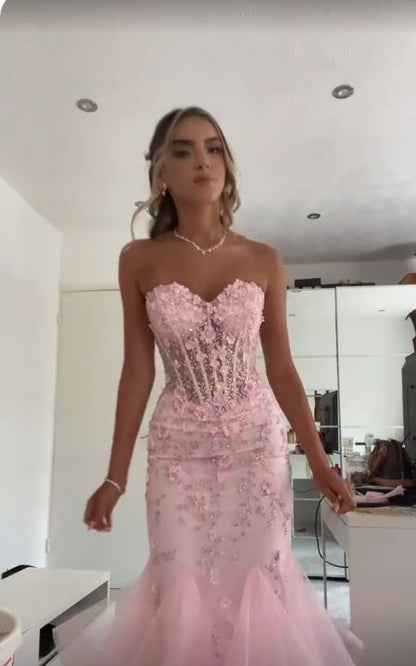 Modest Trendy Mermaid Sweetheart Pink Lace Tulle Prom Dresses Long Birthday Outfit Senior High School Dance Party Dress RB1170