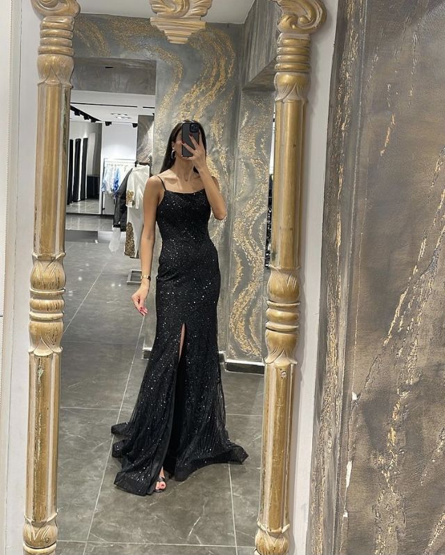 Robe de bal sirène modeste à bretelles spaghetti et paillettes noires, longue robe de soirée, tenue d'anniversaire, robe de remise de diplôme pour adolescentes, RB1174