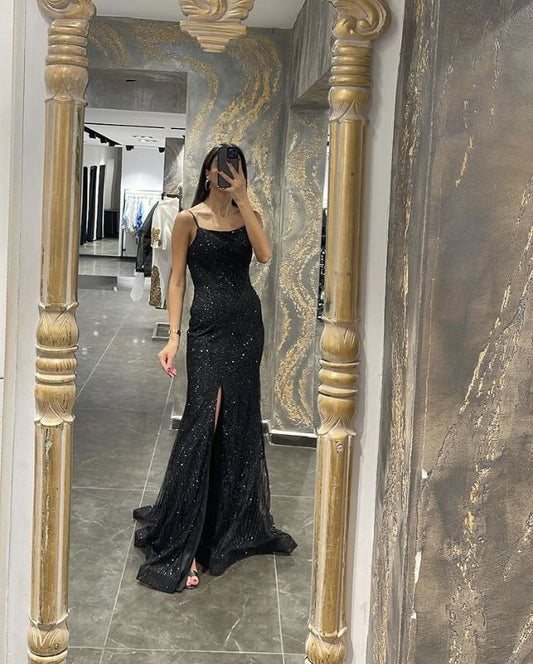Modest Mermaid Spaghetti Straps Black Sequin Prom Dresses Long Party Dress Birthday Outfit Teenagers Graduation Dress RB1174