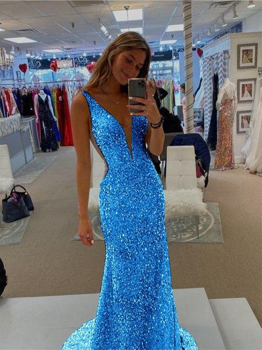 Simple Mermaid V Neck Blue Satin Sequins Prom Dresses Inspiration Prom Dress Graduation Dress RB1176