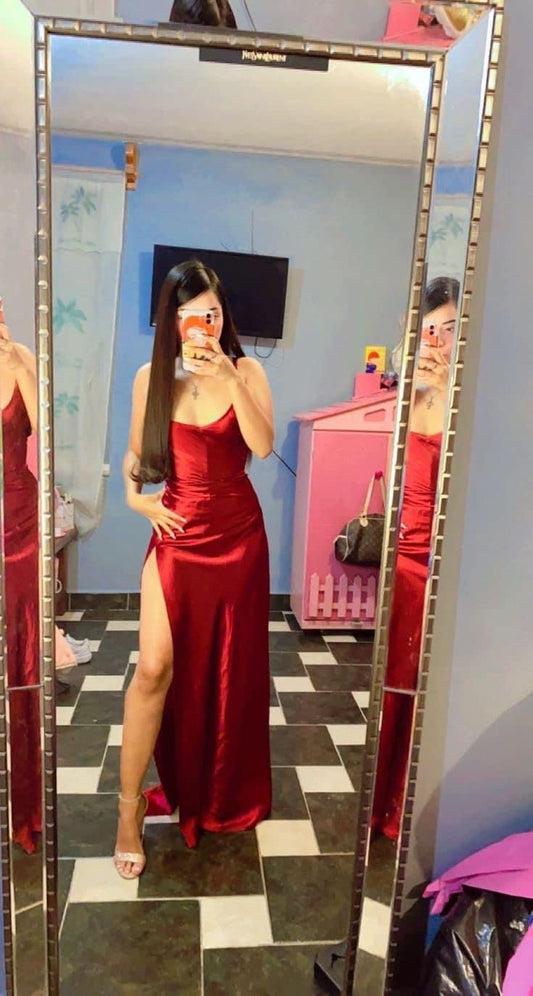 Robe de bal sirène simple à bretelles spaghetti, rouge, fendue, longue, tenue de soirée, d'anniversaire, de remise de diplôme, pour adolescentes, RB1181