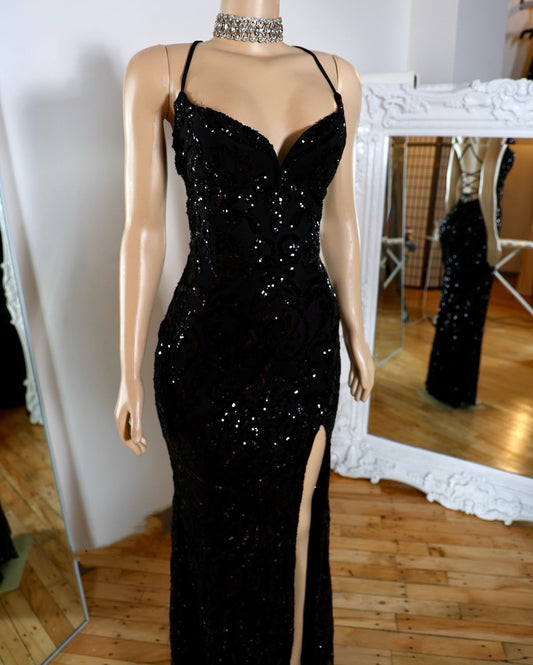 Robe de bal longue à paillettes noires, style sirène, décolleté en V, fendue, tenue de soirée, d'anniversaire, de remise de diplôme, pour adolescentes, RB1183