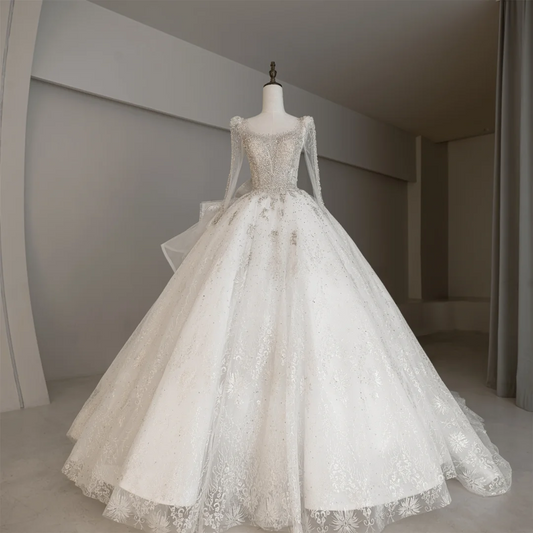 Modest Ball Gown Square Neck Long Sleeves Fitted Sequin Corset Wedding Dress Beaded Long Bridal Gown Wedding Gowns RB1187