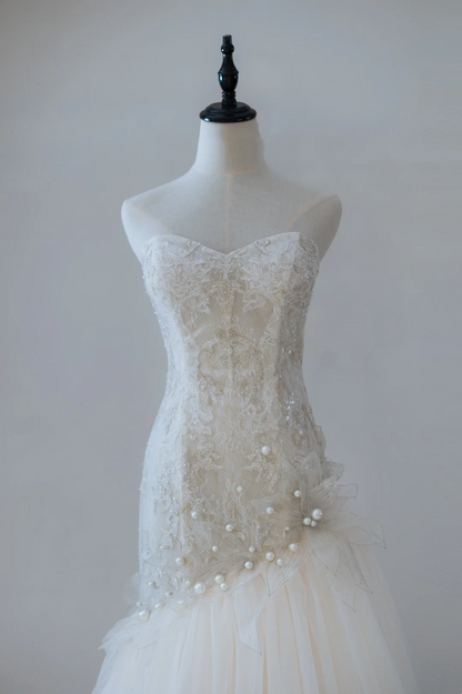 Robe de mariée élégante et modeste, style sirène, décolleté en cœur, en dentelle plissée, longue, RB1188