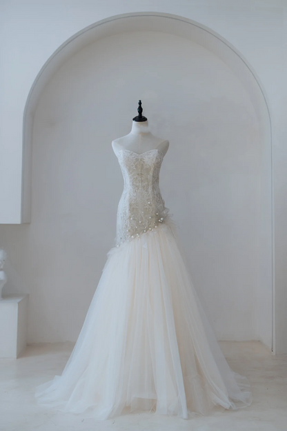Robe de mariée élégante et modeste, style sirène, décolleté en cœur, en dentelle plissée, longue, RB1188