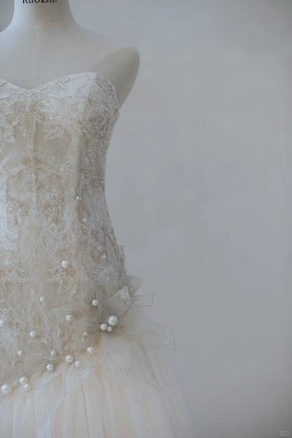 Robe de mariée élégante et modeste, style sirène, décolleté en cœur, en dentelle plissée, longue, RB1188