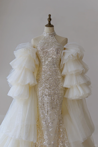 Robe de mariée sirène modeste, col haut, dentelle à sequins, corset ajusté, longue robe de mariée, robes de mariée RB1189